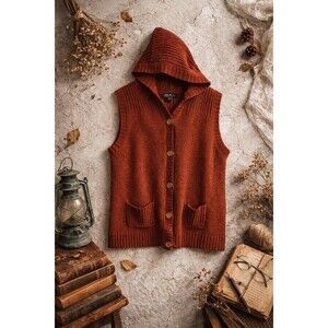 Eddie Bauer Hooded Sweater Vest Women's Rust Knit Cotton Blend Cottagecore